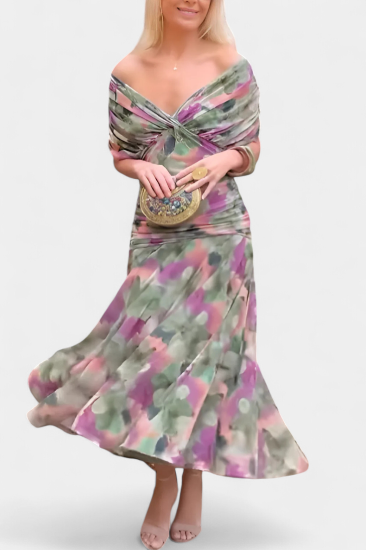Robe longue femme — décolleté en V et corps froncé — mariage
