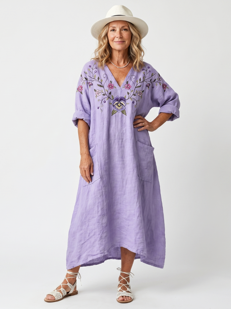 Tavi | Robe Midi Oversize à Poches Brodées de Fleurs