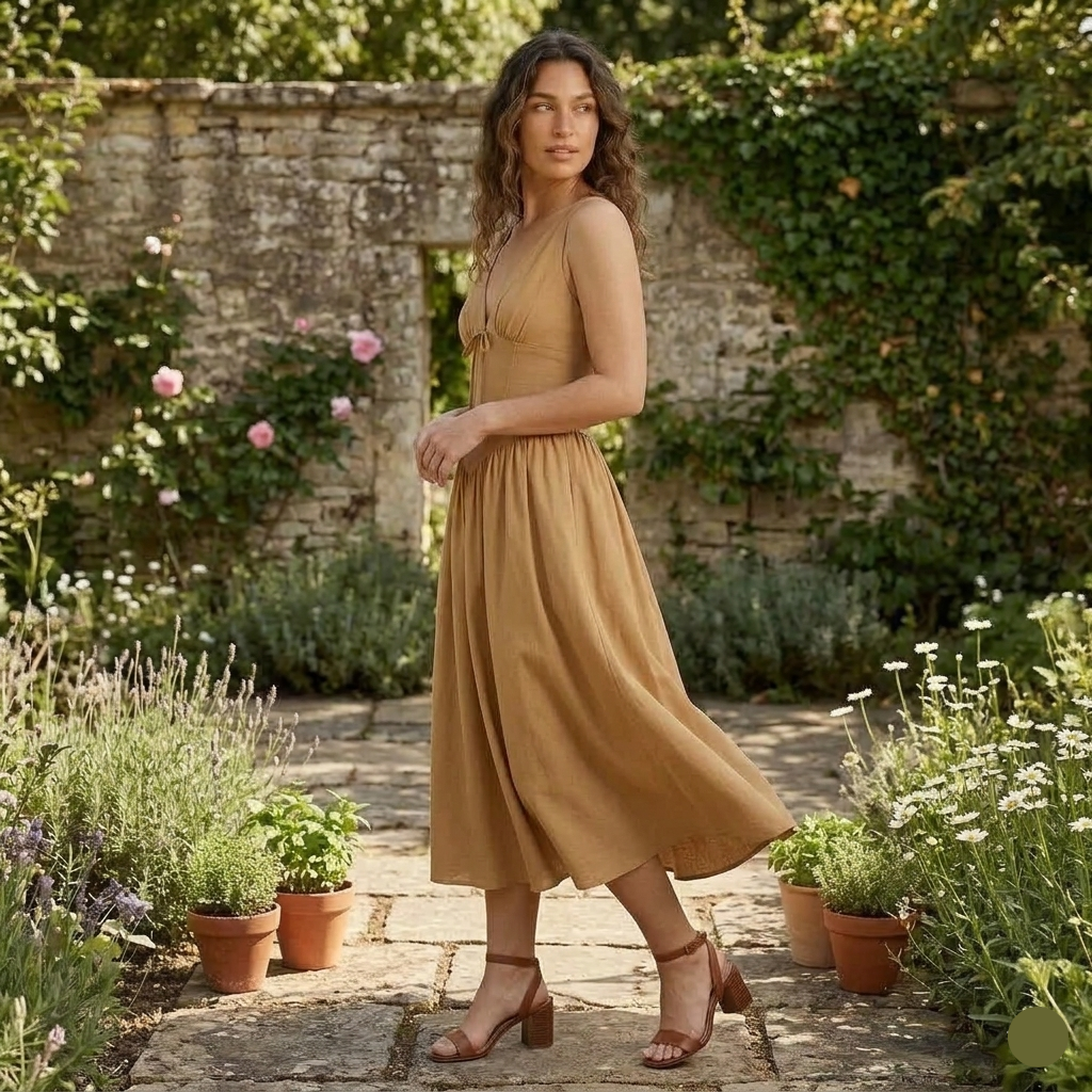 Robe Midi Femme Élégante Col V Taille Cintrée
