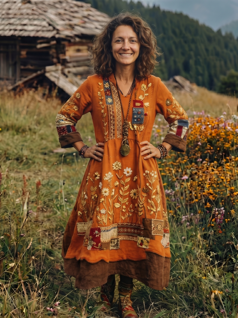 Alix | Robe midi à manches longues avec panneaux brodés