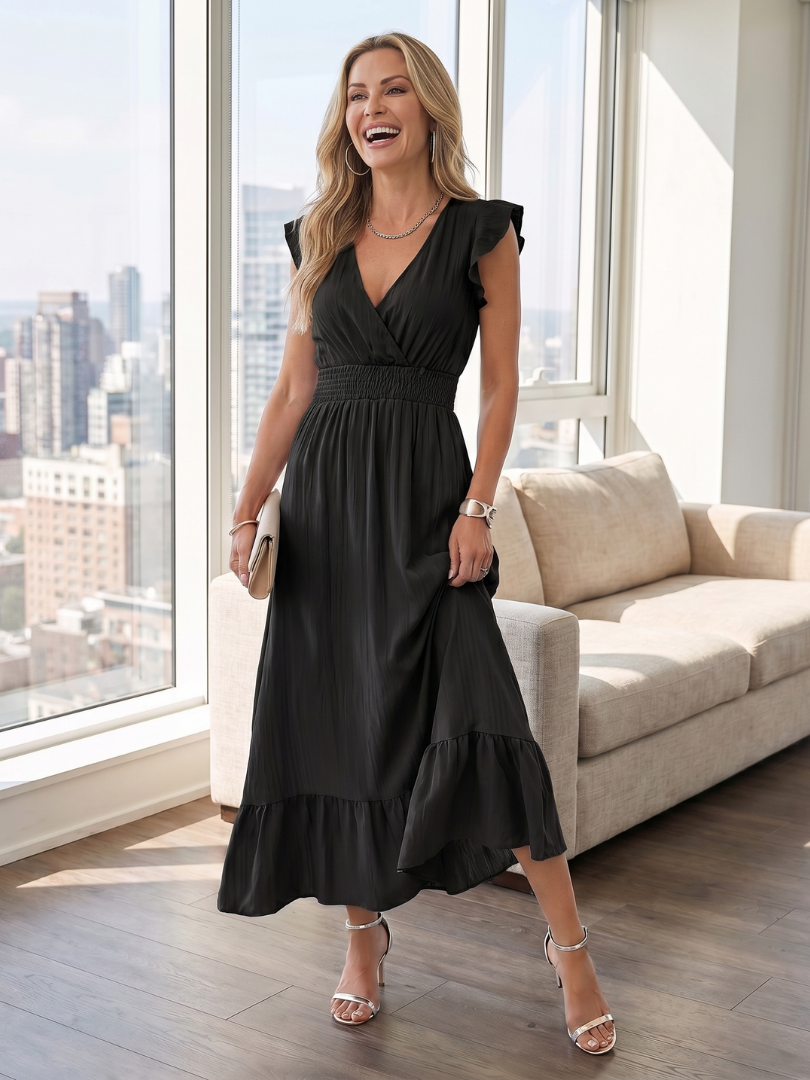 Clou | Robe Midi à Manches Volantes et Taille Smockée