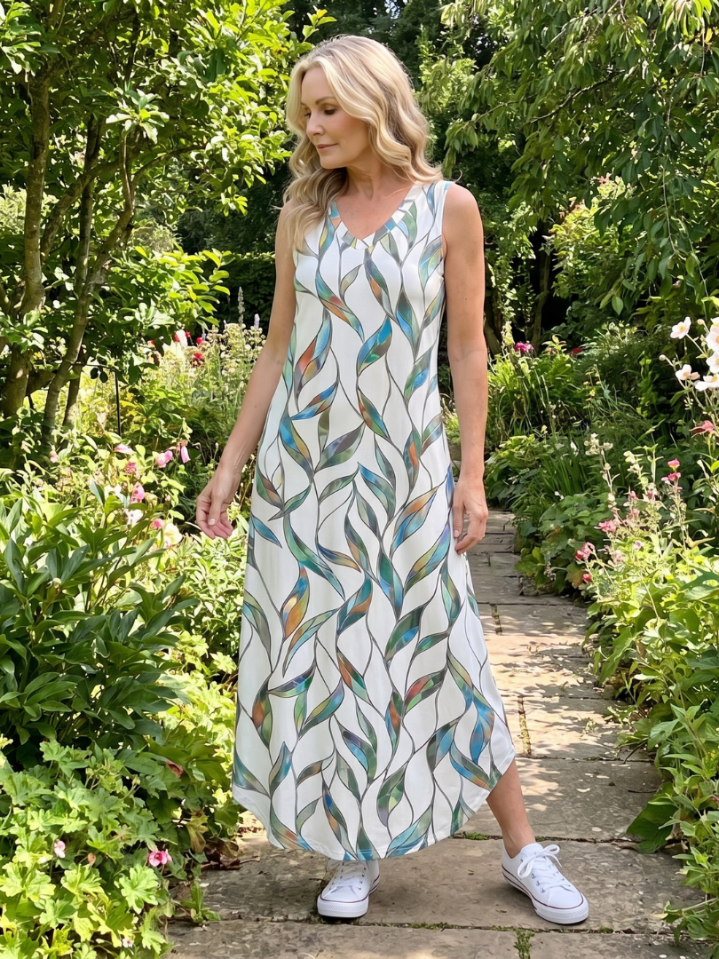 Valerie | Robe Midi Sans Manches Imprimée de Feuilles Tropicales