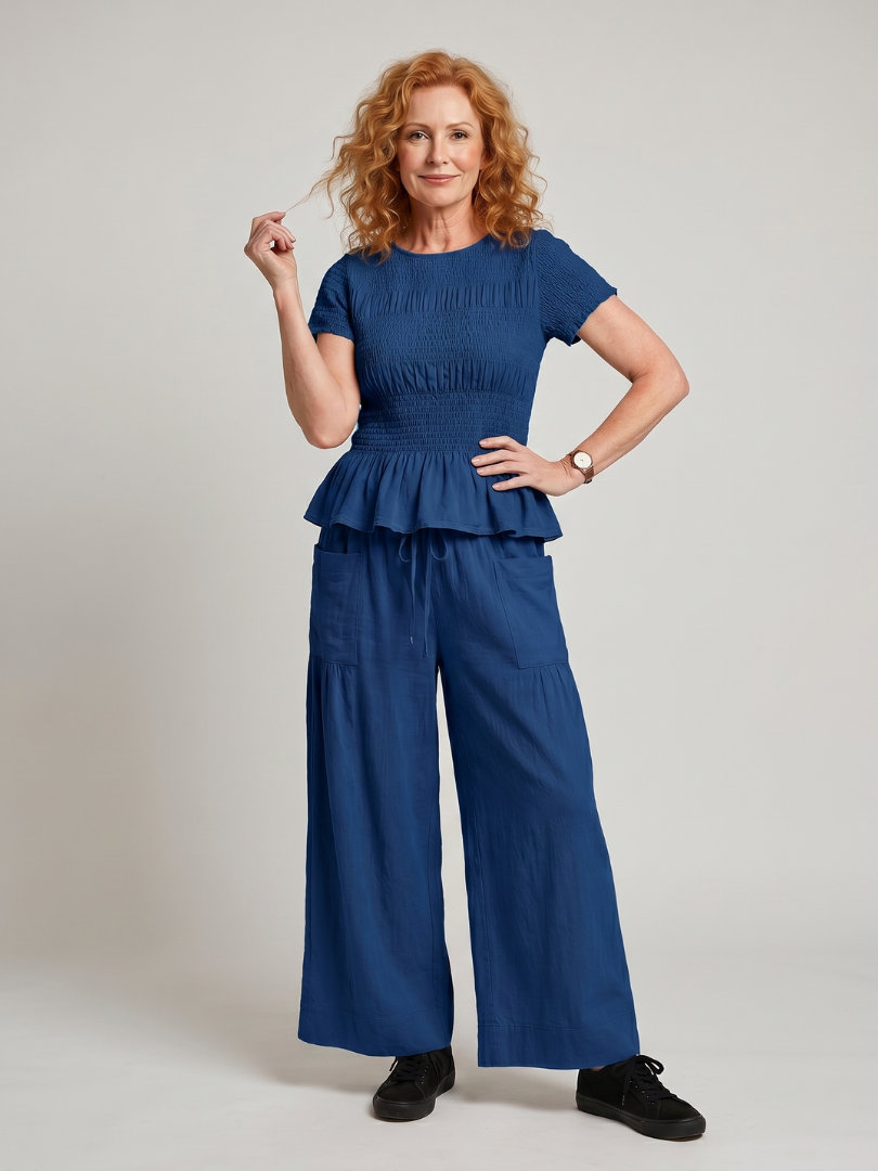 Eirenne | Haut Smocké Détail Peplum Et Ensemble Pantalon Large