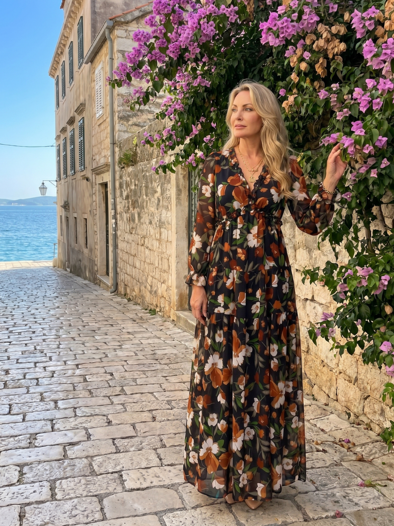 Camelo | Robe maxi à imprimé floral à manches longues
