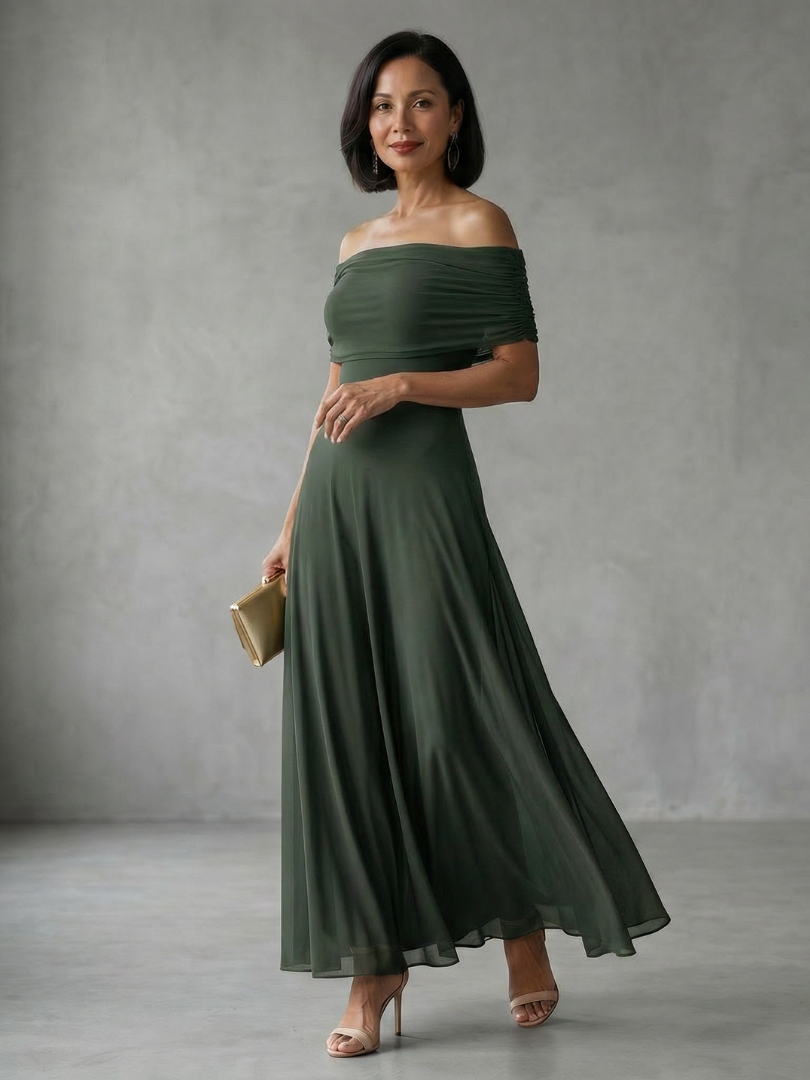 Juin | Robe Midi Drapée à Épaules Dégagées