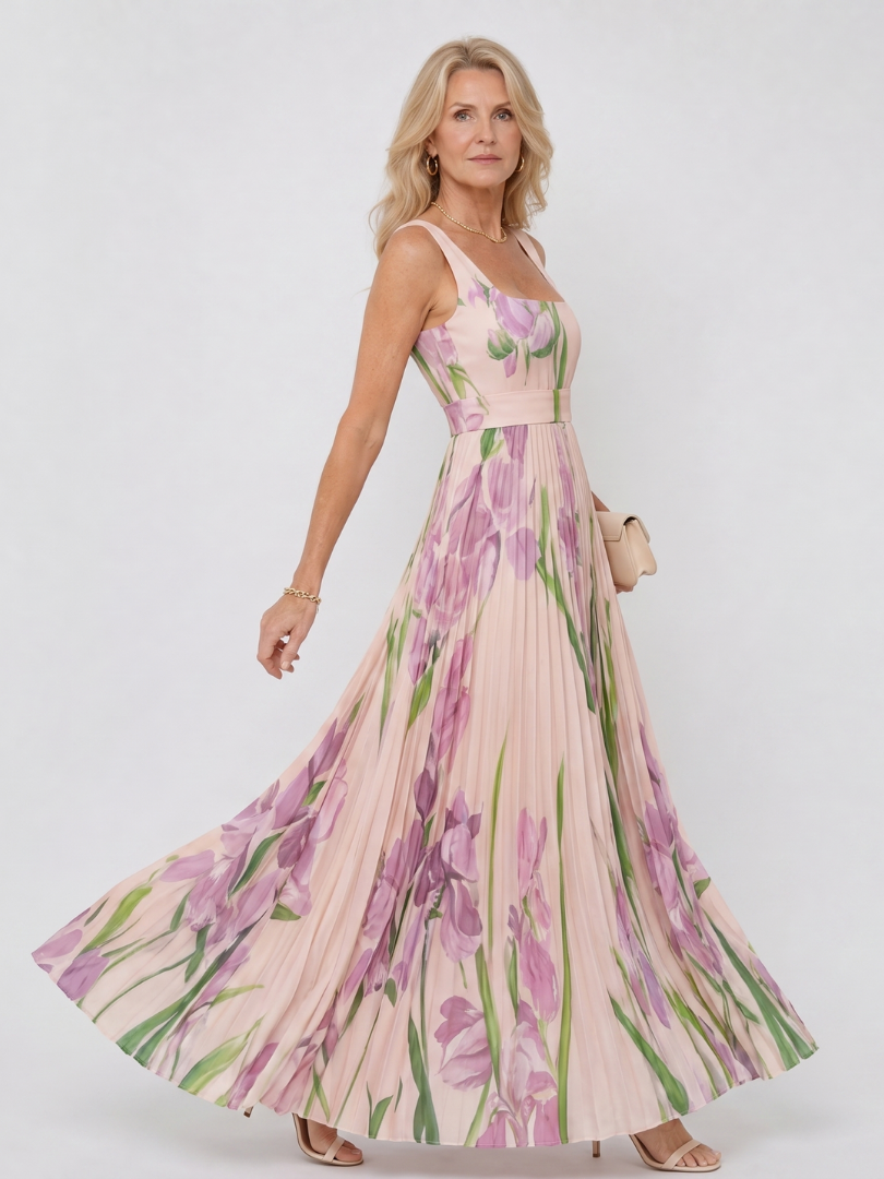 Vimele | Robe Midi Sans Manches à Encolure Carrée Plissée