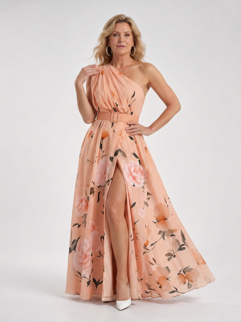 Manios | Robe maxi à imprimé floral à une épaule avec ceinture