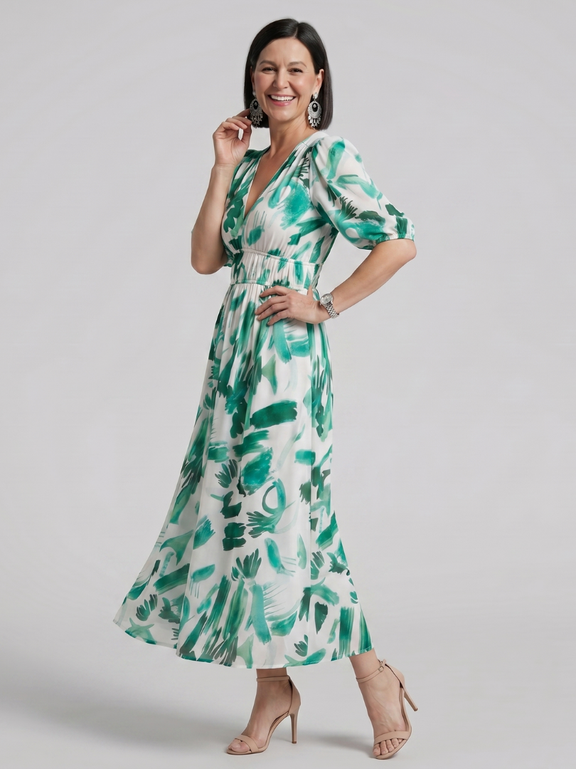 Candlia | Robe Midi Imprimé Abstrait à Manches Bouffantes et Décolleté en V