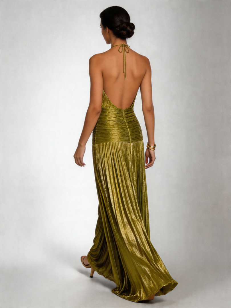 Tatiani | Robe Maxi Plissée à Encolure Halter et Fente Haute