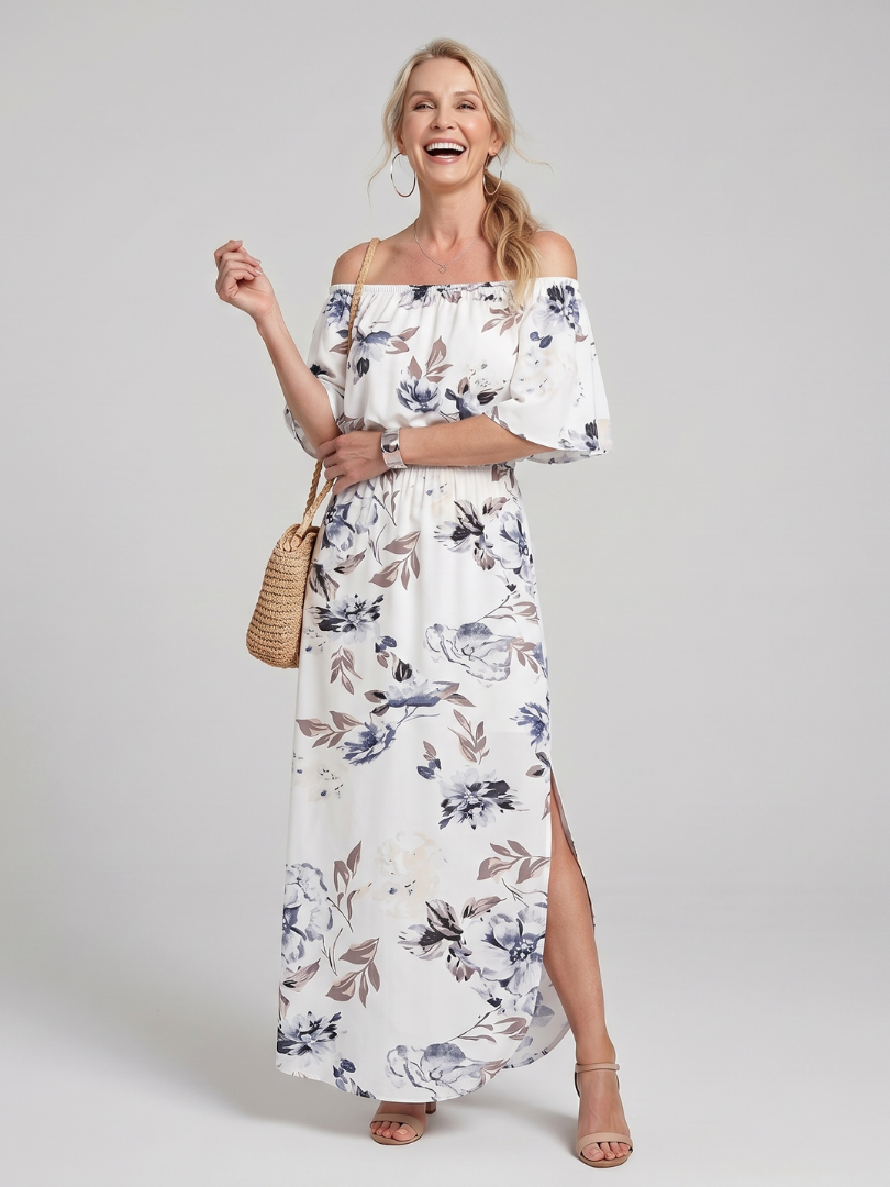 Elowira | Robe midi à imprimé floral doux et épaules dénudées