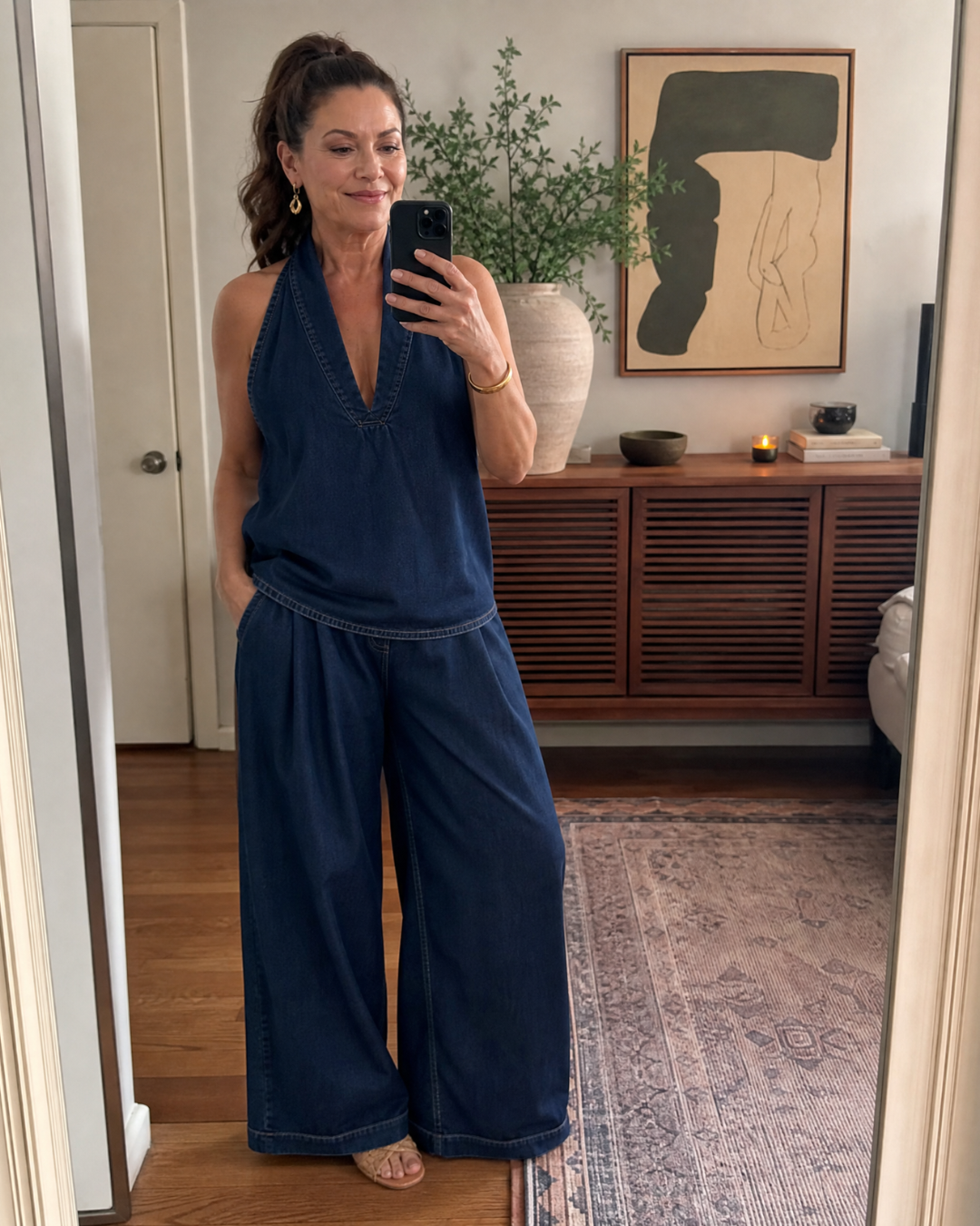 Zorelle | Ensemble Top en Jean à Col Halter et Pantalon Large