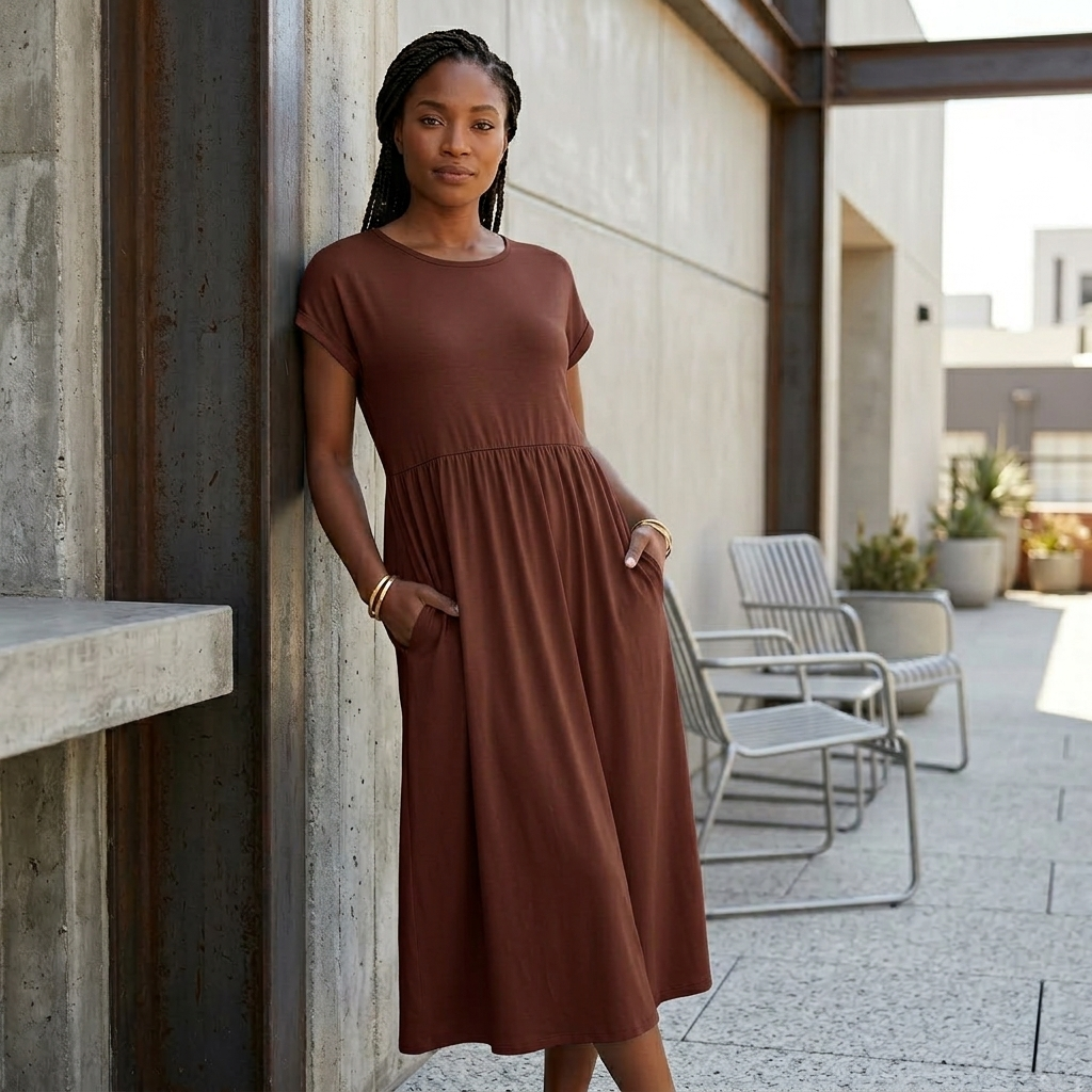 Robe Maxi Femme Élégante Manches Courtes Taille Haute Poches
