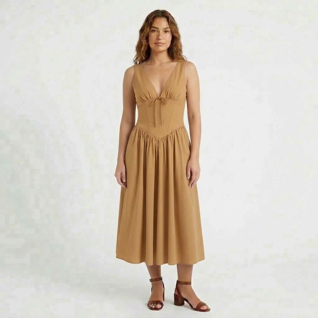 Robe Midi Femme Élégante Col V Taille Cintrée