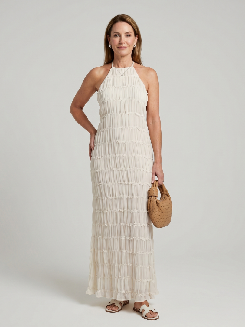 Jolene | Robe maxi ajustée à franges texturées