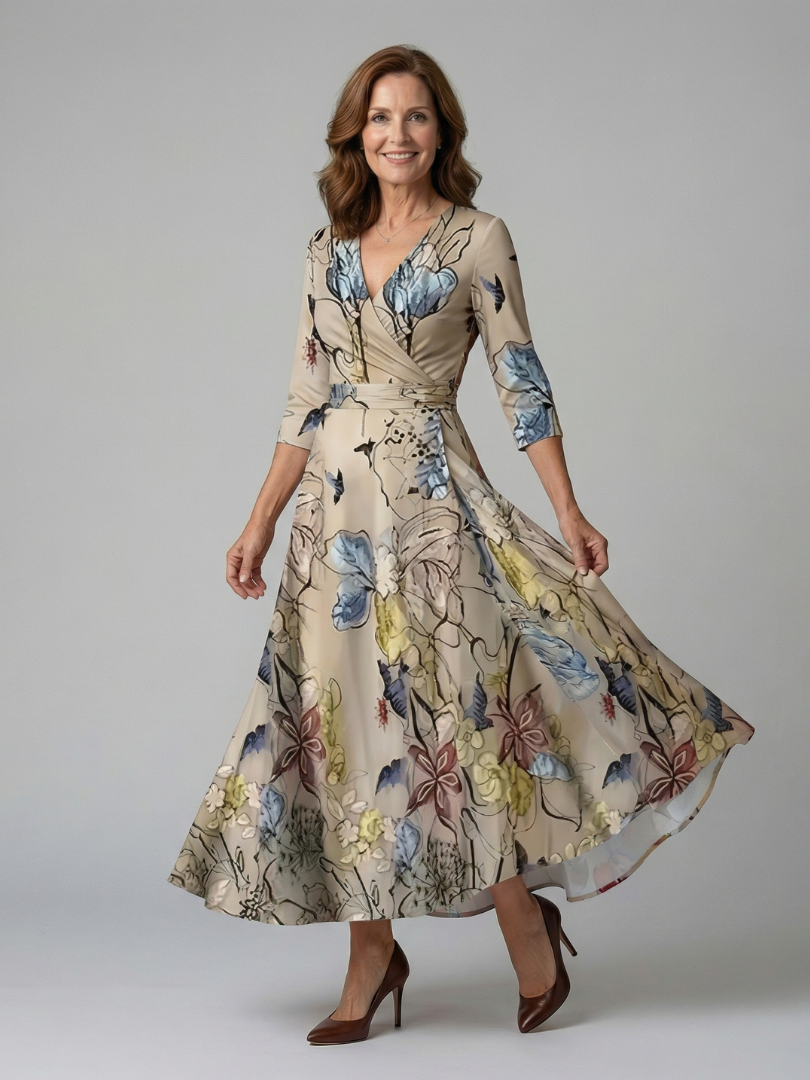 Celine | Robe Midi à Enveloppe avec Manches Longues