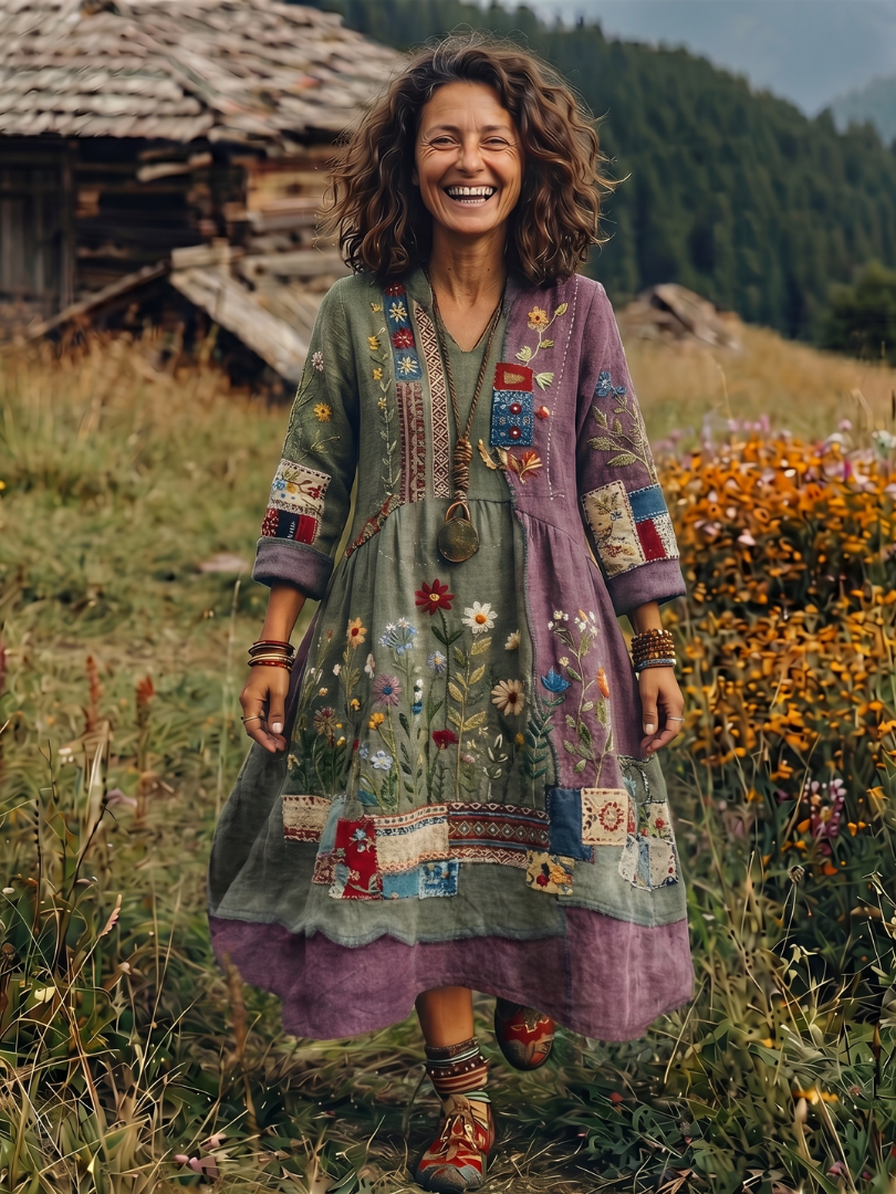 Alix | Robe midi à manches longues avec panneaux brodés