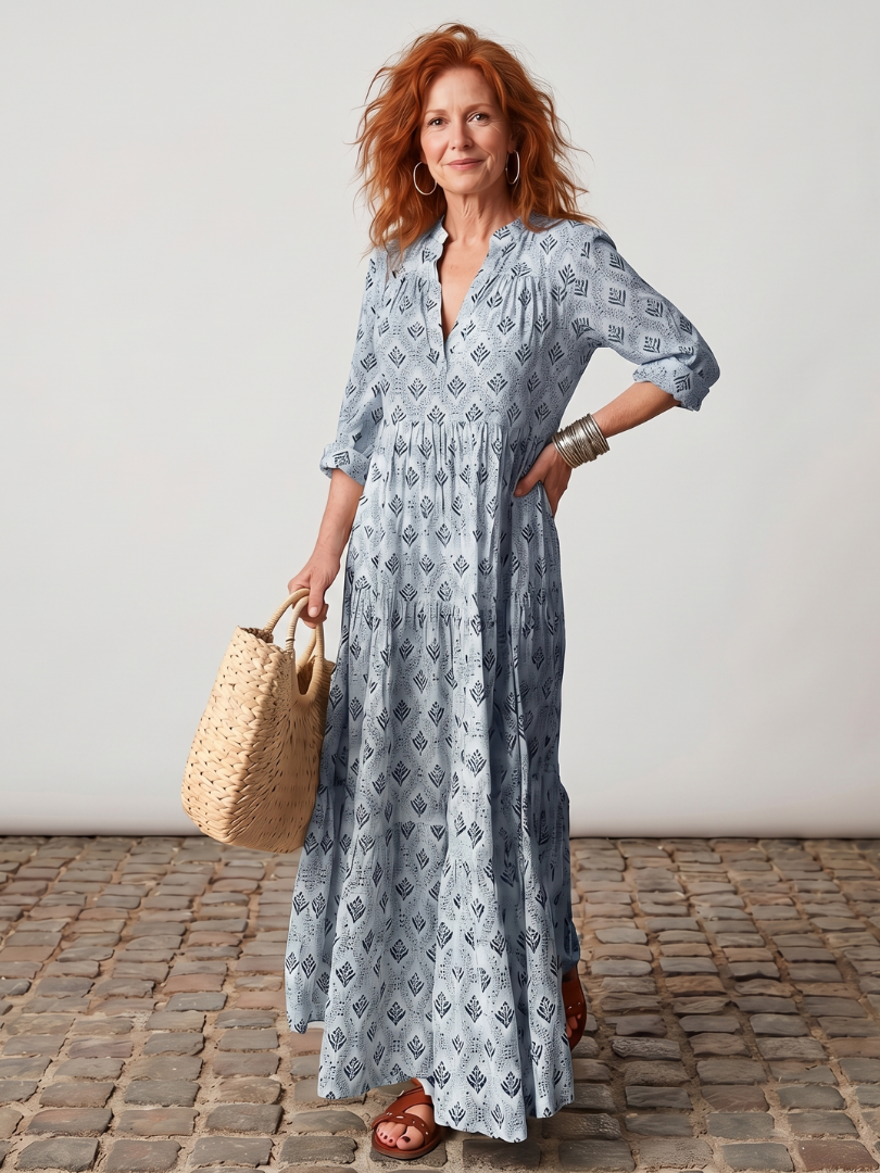 Junia | Robe Maxi Imprimée à Col Notch à Manches Longues