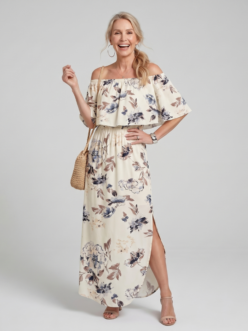 Elowira | Robe midi à imprimé floral doux et épaules dénudées