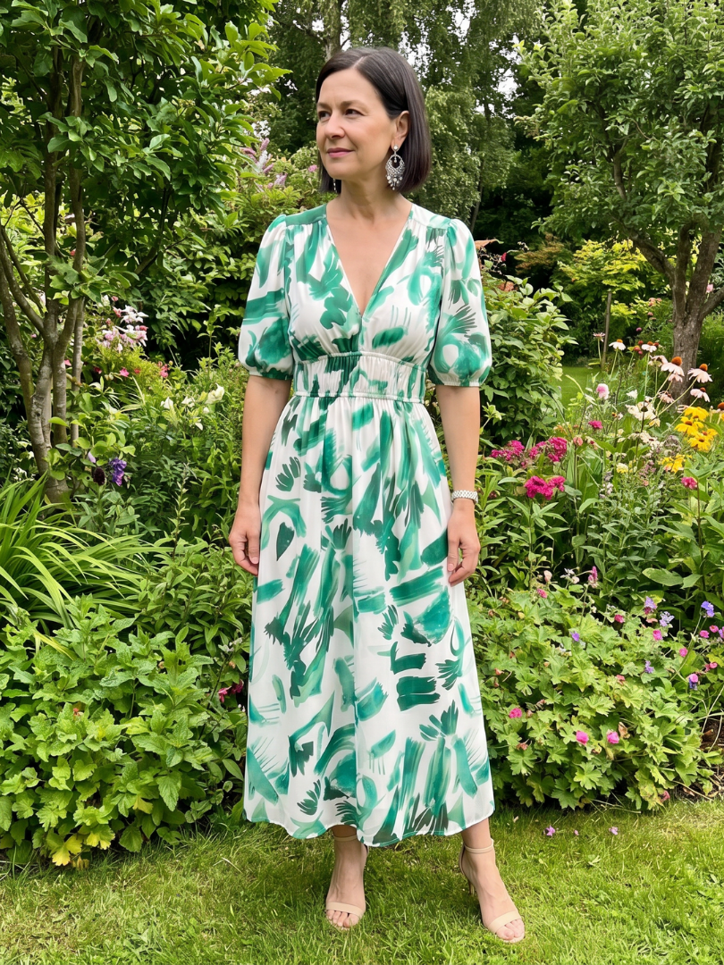 Candlia | Robe Midi Imprimé Abstrait à Manches Bouffantes et Décolleté en V