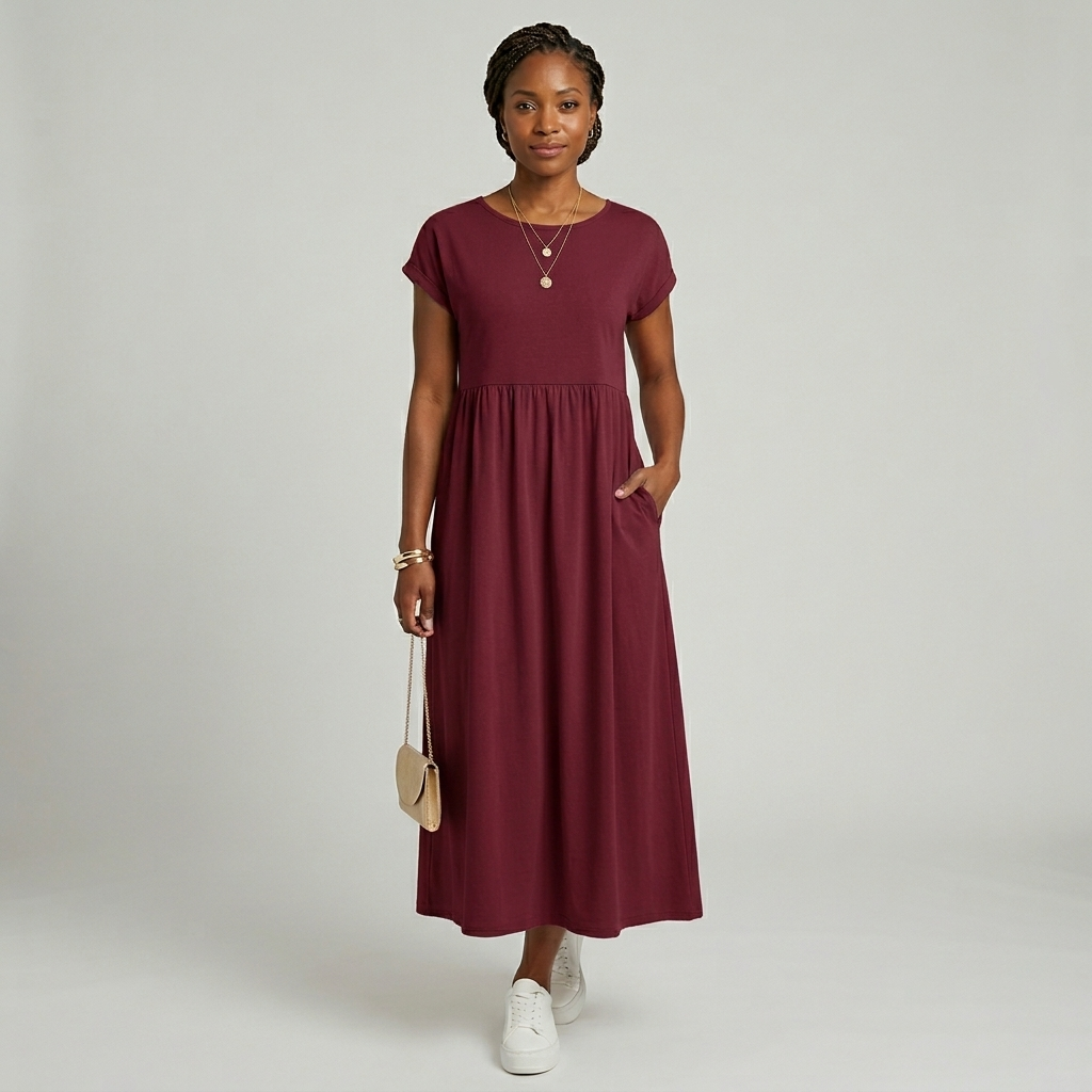 Robe Maxi Femme Élégante Manches Courtes Taille Haute Poches