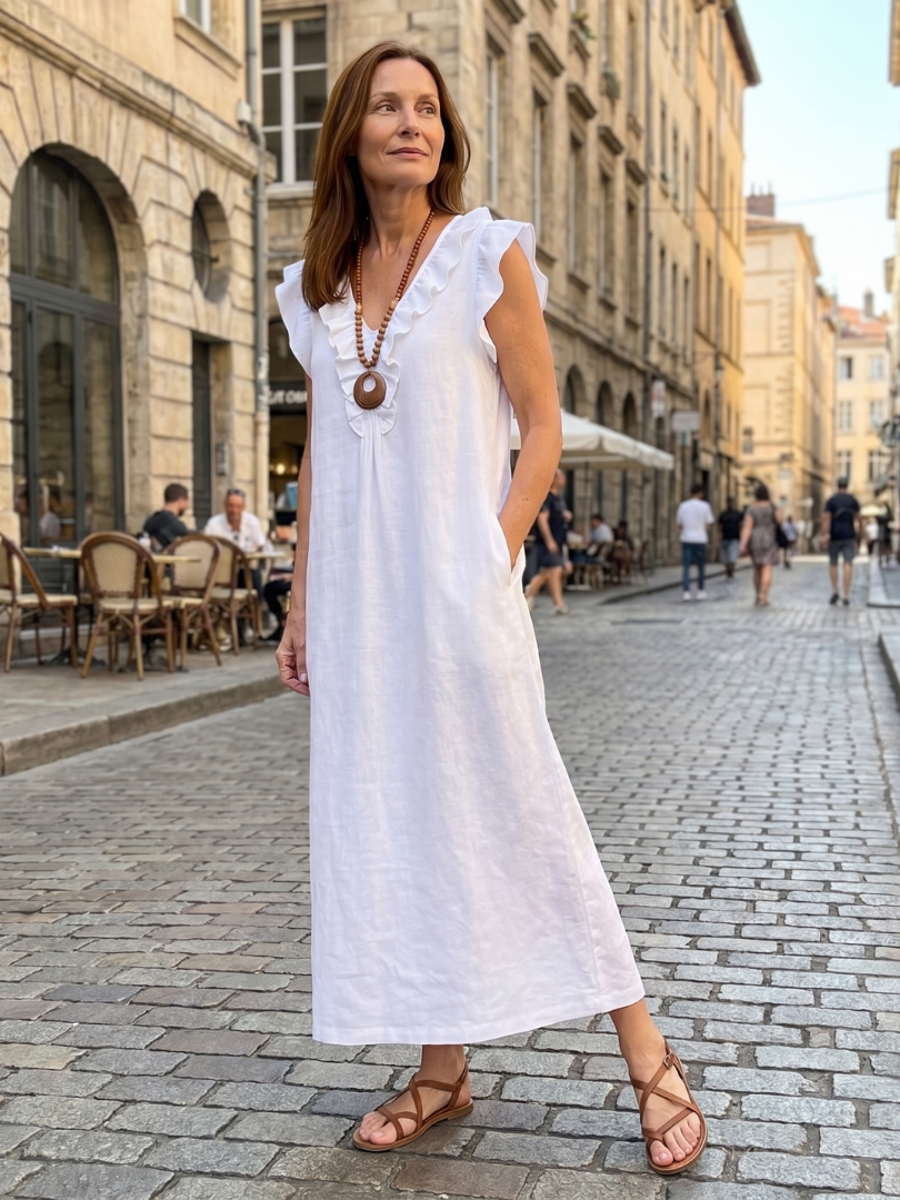 Adélaïde | Robe midi sans manches avec volants