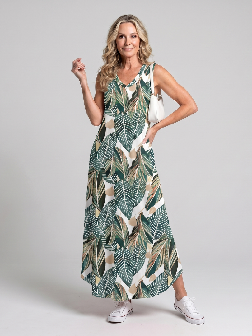 Valerie | Robe Midi Sans Manches Imprimée de Feuilles Tropicales