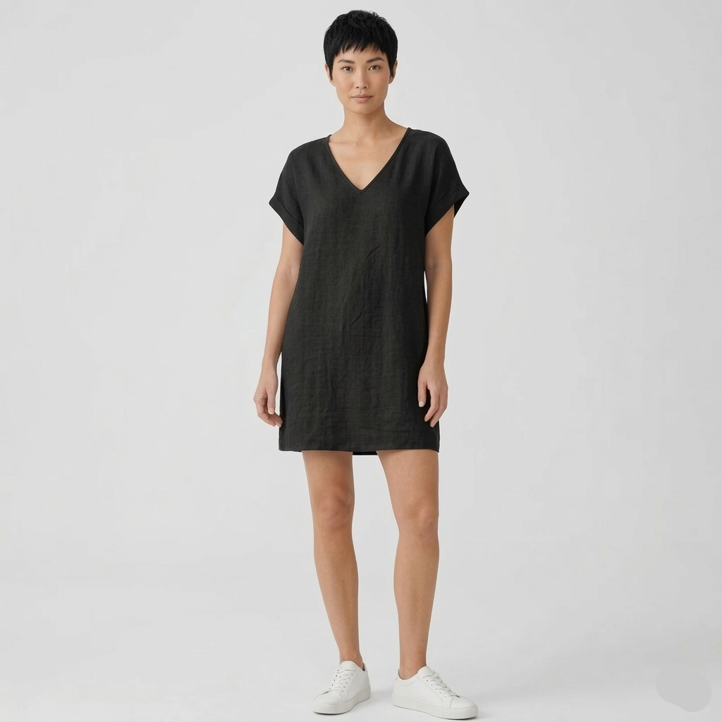 Robe Courte Femme Élégante Col V Manches Courtes