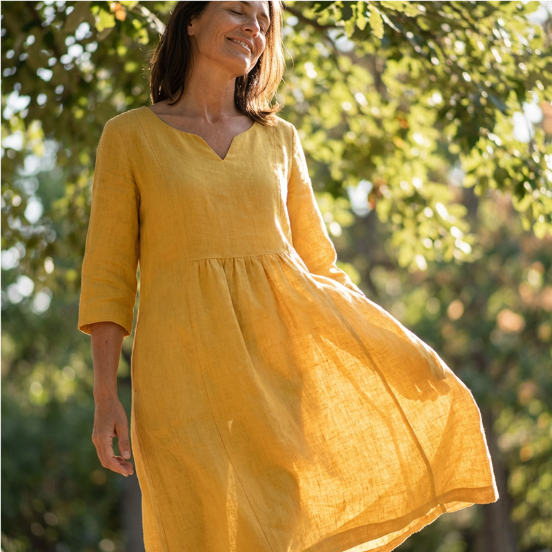 Robe décontractée à décolleté en V pour femmes avec manches 3/4 et poches