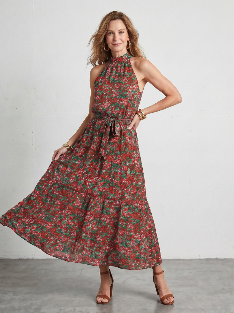 Anis | Robe Midi à Col Montant à Fleurs