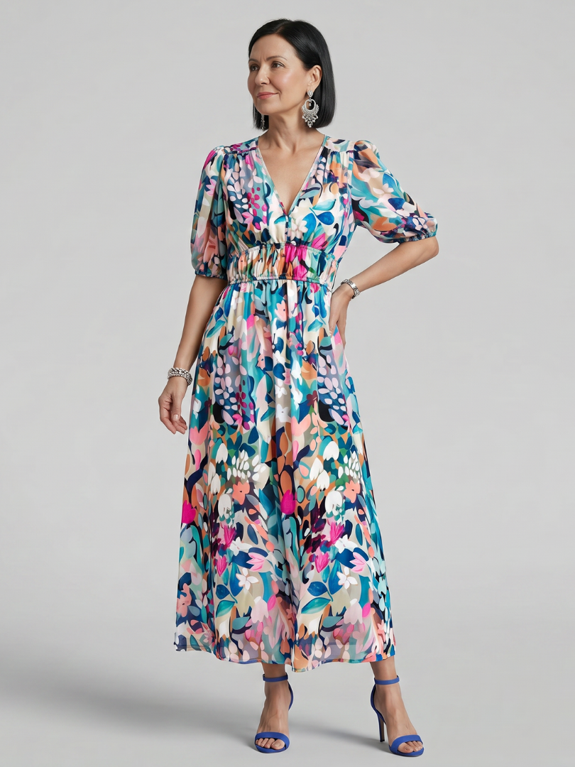 Candlia | Robe Midi Imprimé Abstrait à Manches Bouffantes et Décolleté en V