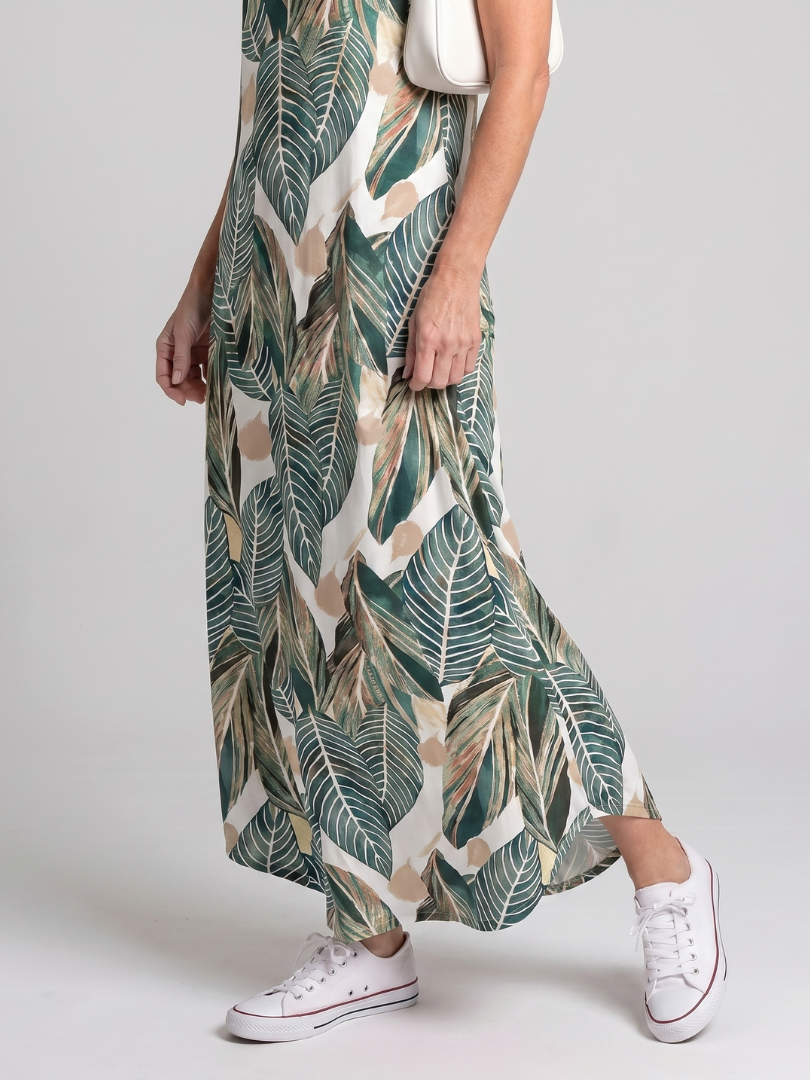 Valerie | Robe Midi Sans Manches Imprimée de Feuilles Tropicales