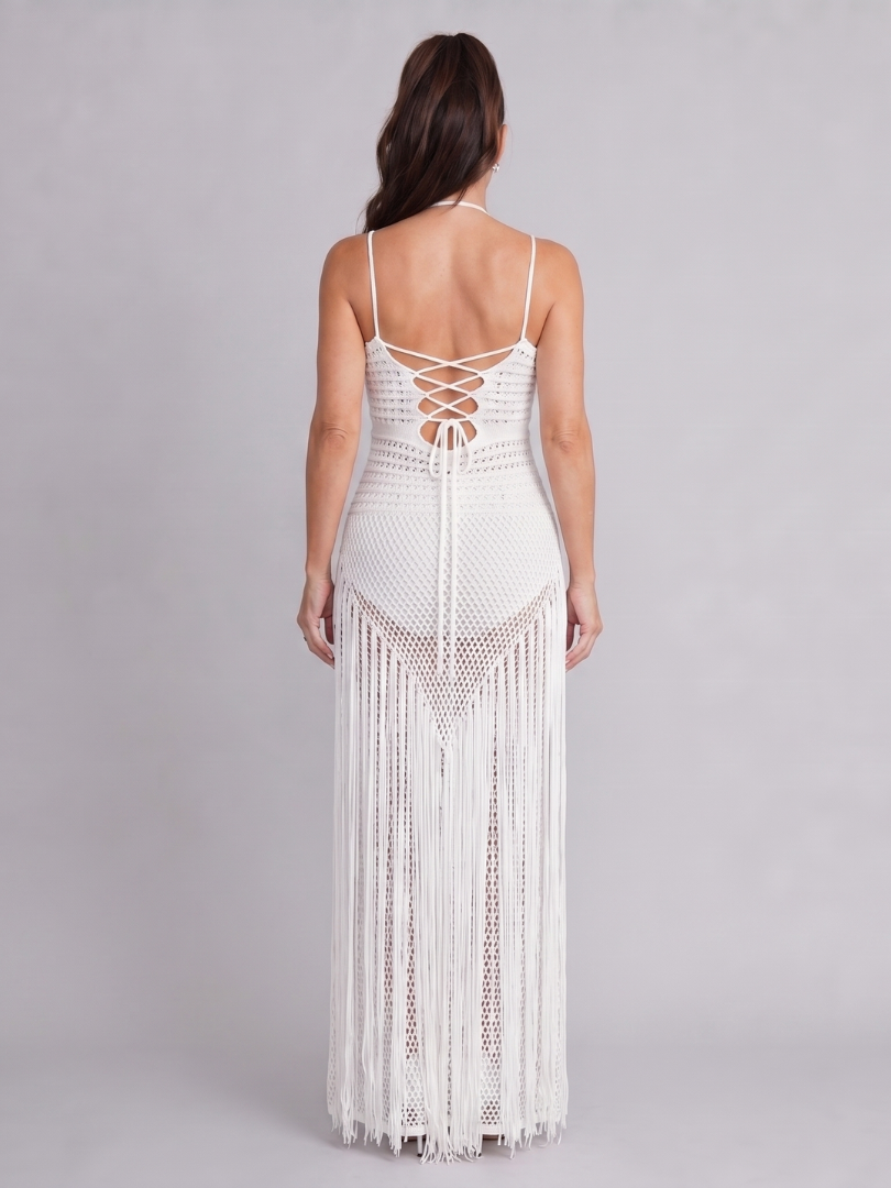 Zephyra | Robe Maxi à Décolleté Halter avec Détails en Franges