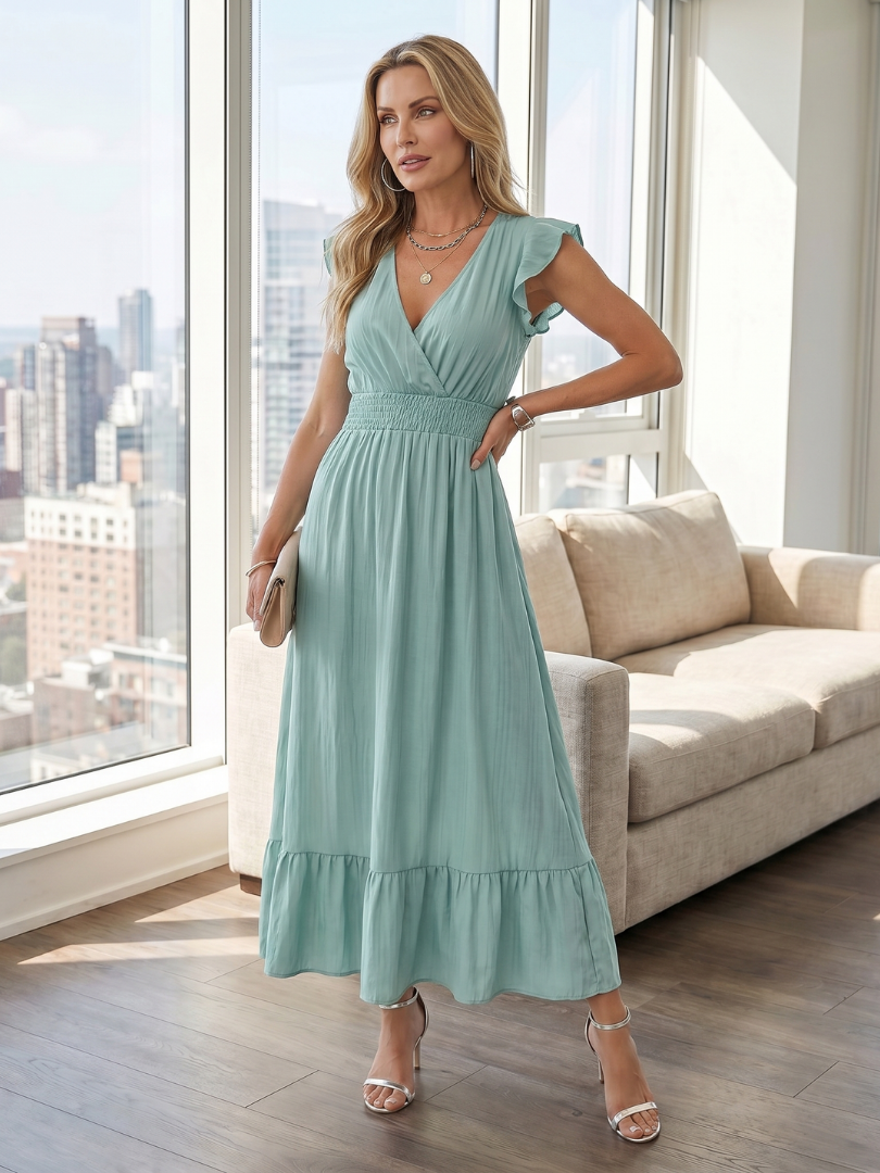 Clou | Robe Midi à Manches Volantes et Taille Smockée