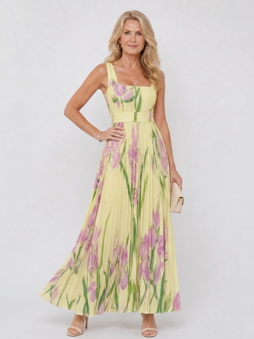 Vimele | Robe Midi Sans Manches à Encolure Carrée Plissée