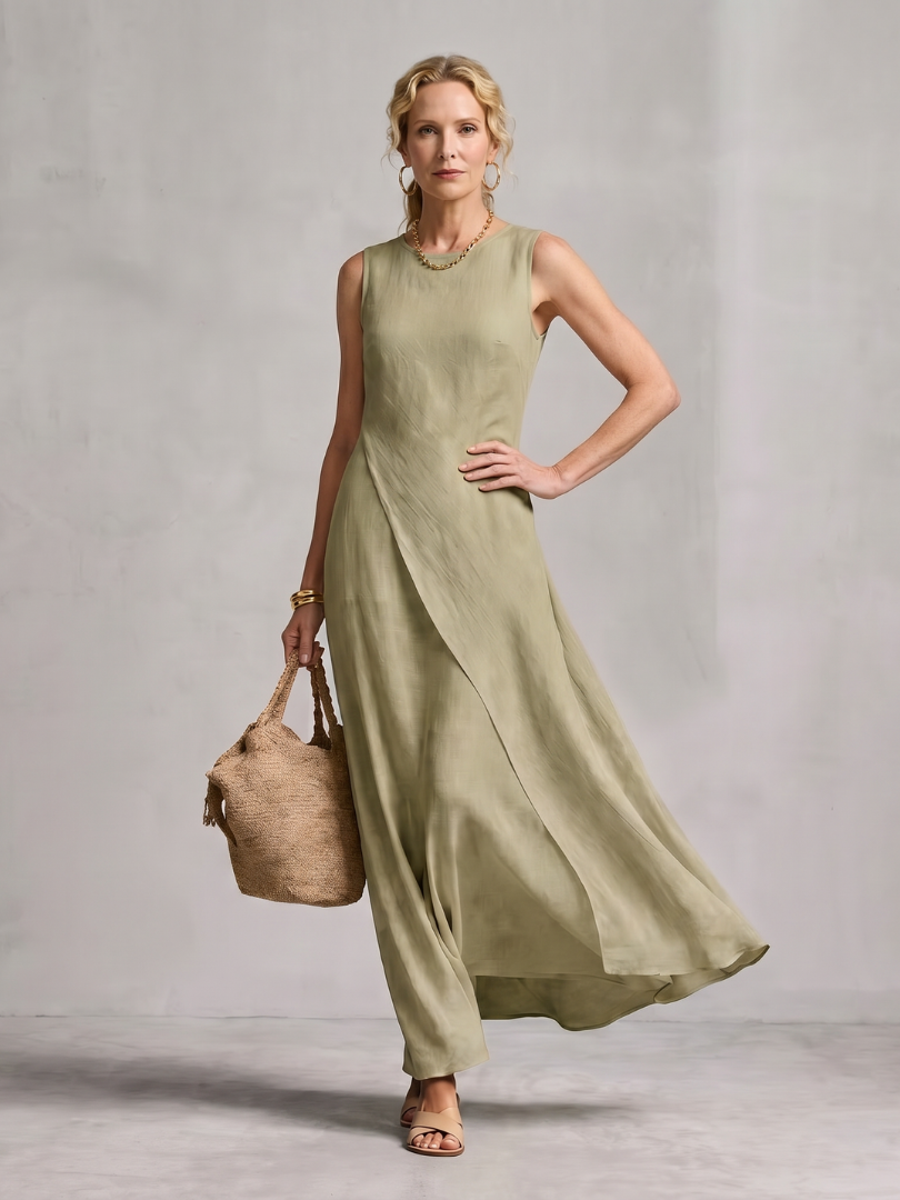 Hortensia | Robe Maxi à Encolure Ronde Asymétrique et Superposée