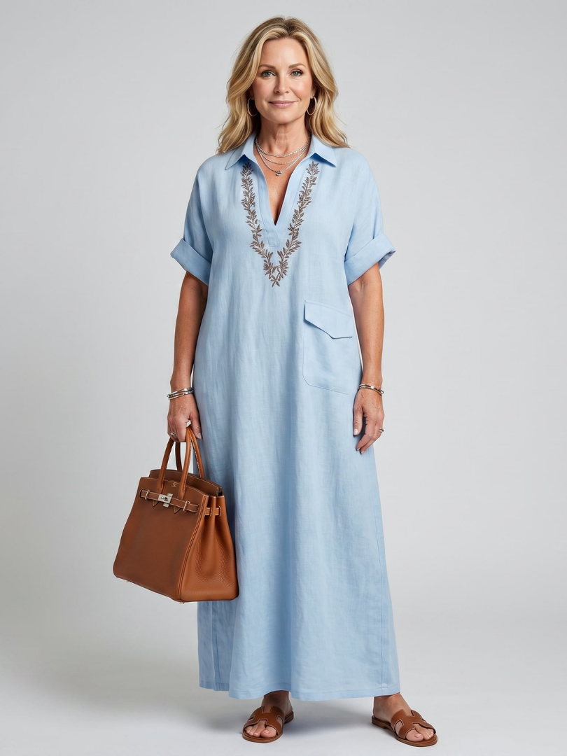 Calluna | Robe Midi à Manches Courtes en V avec Détails Brodés