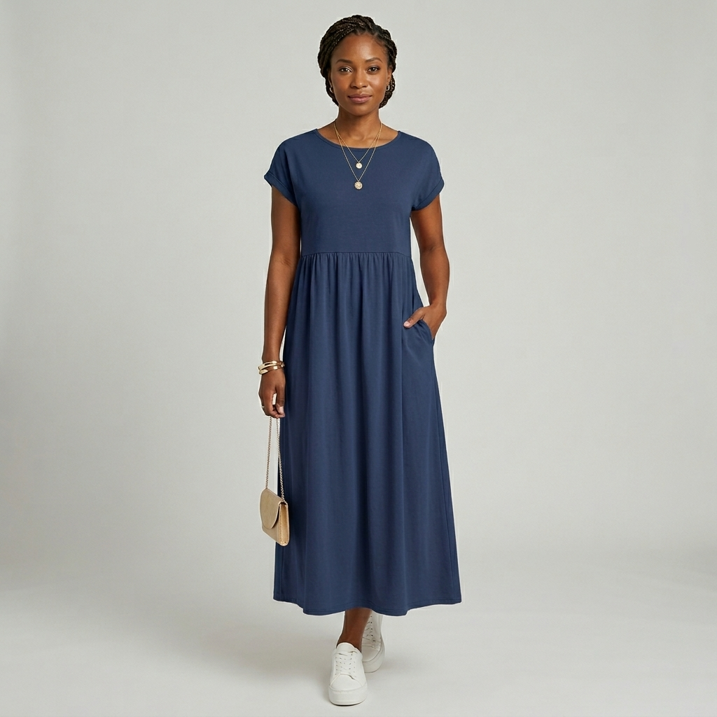 Robe Maxi Femme Élégante Manches Courtes Taille Haute Poches