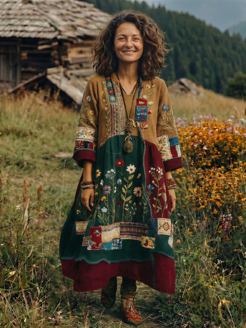 Alix | Robe midi à manches longues avec panneaux brodés