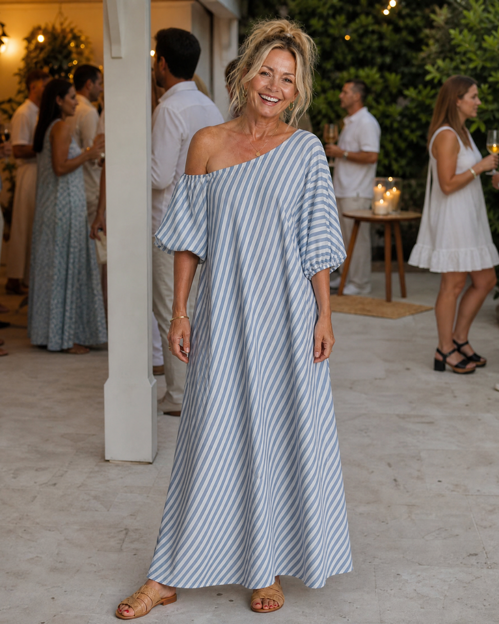 Zamrina | Robe Midi à Manches Bouffantes Rayée Décolleté Bardot