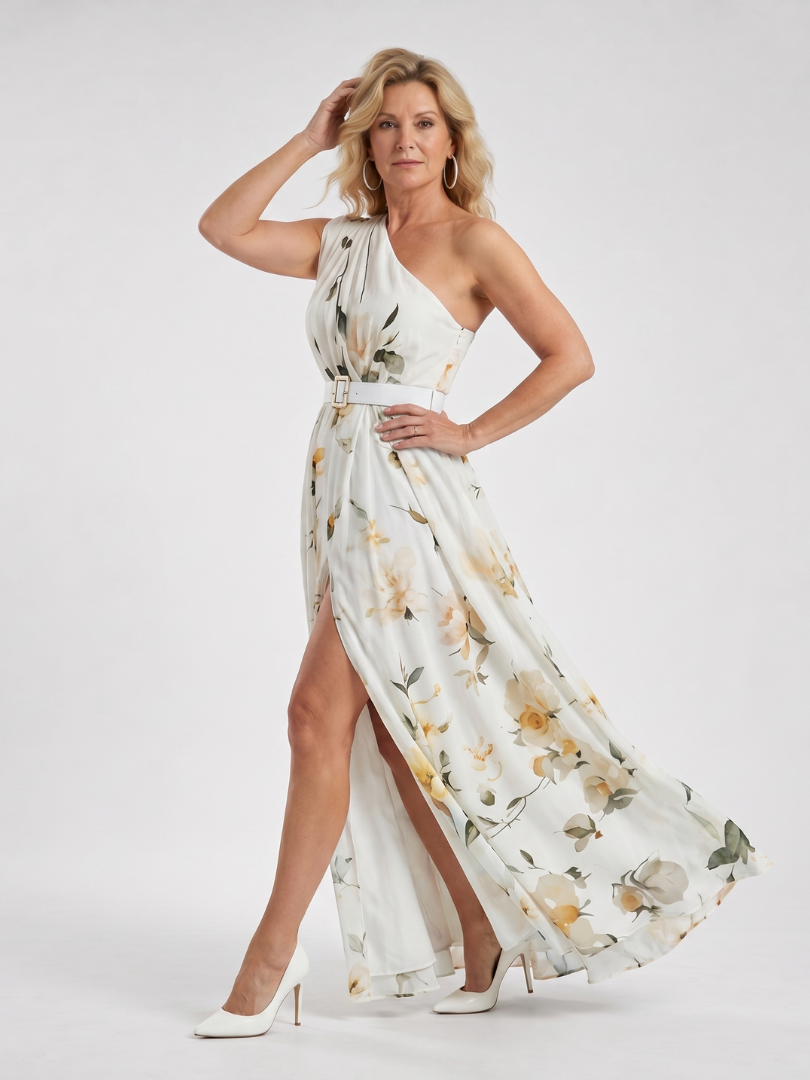 Manios | Robe maxi à imprimé floral à une épaule avec ceinture