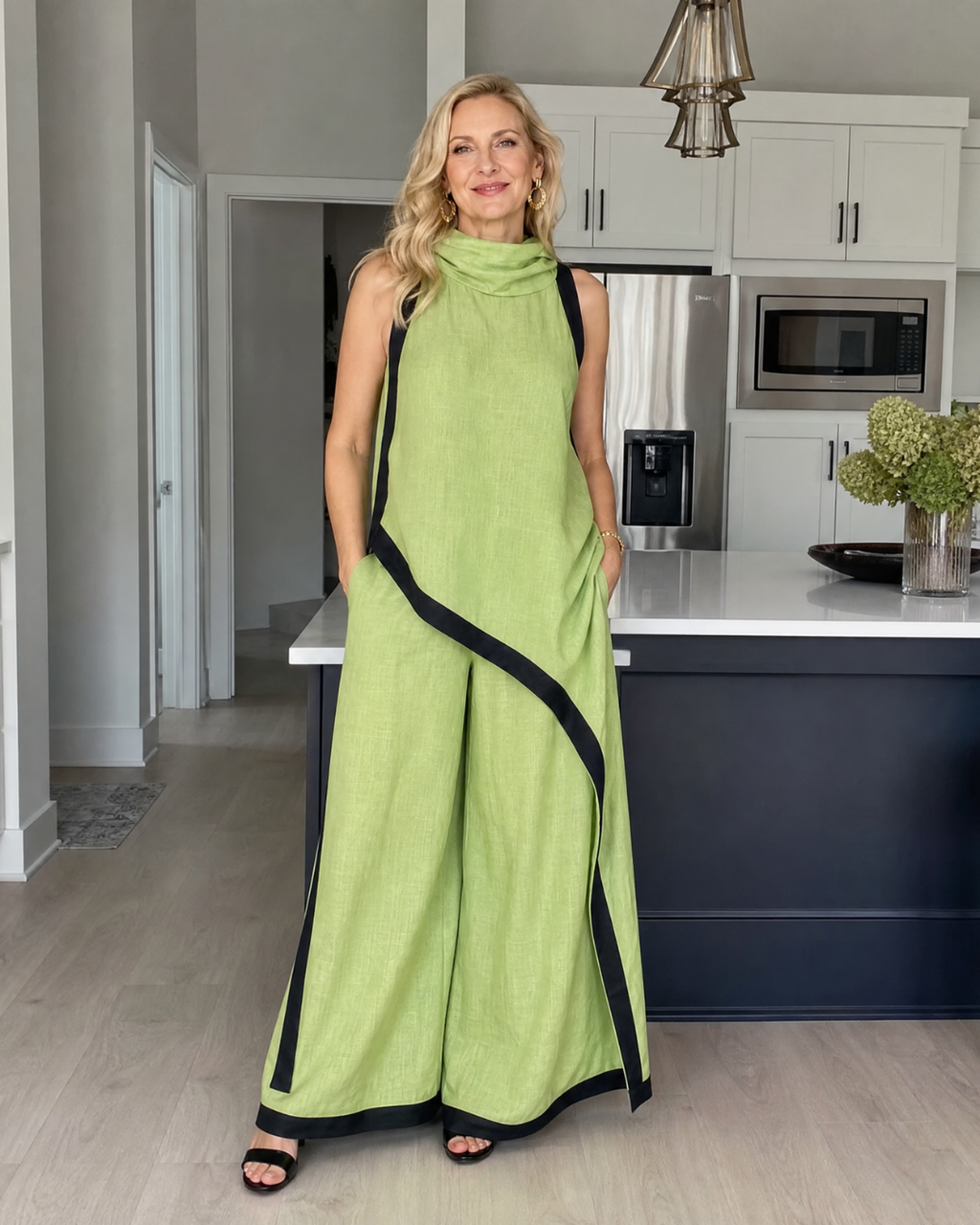 Valthera | Haut sans manches à couches avec finition contrastante et ensemble de pantalons larges