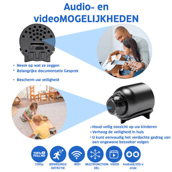 MiniEye Caméra de Sécurité Full HD | Caméra Mini Compacte avec Vision Nocturne & Détection de Mouvement