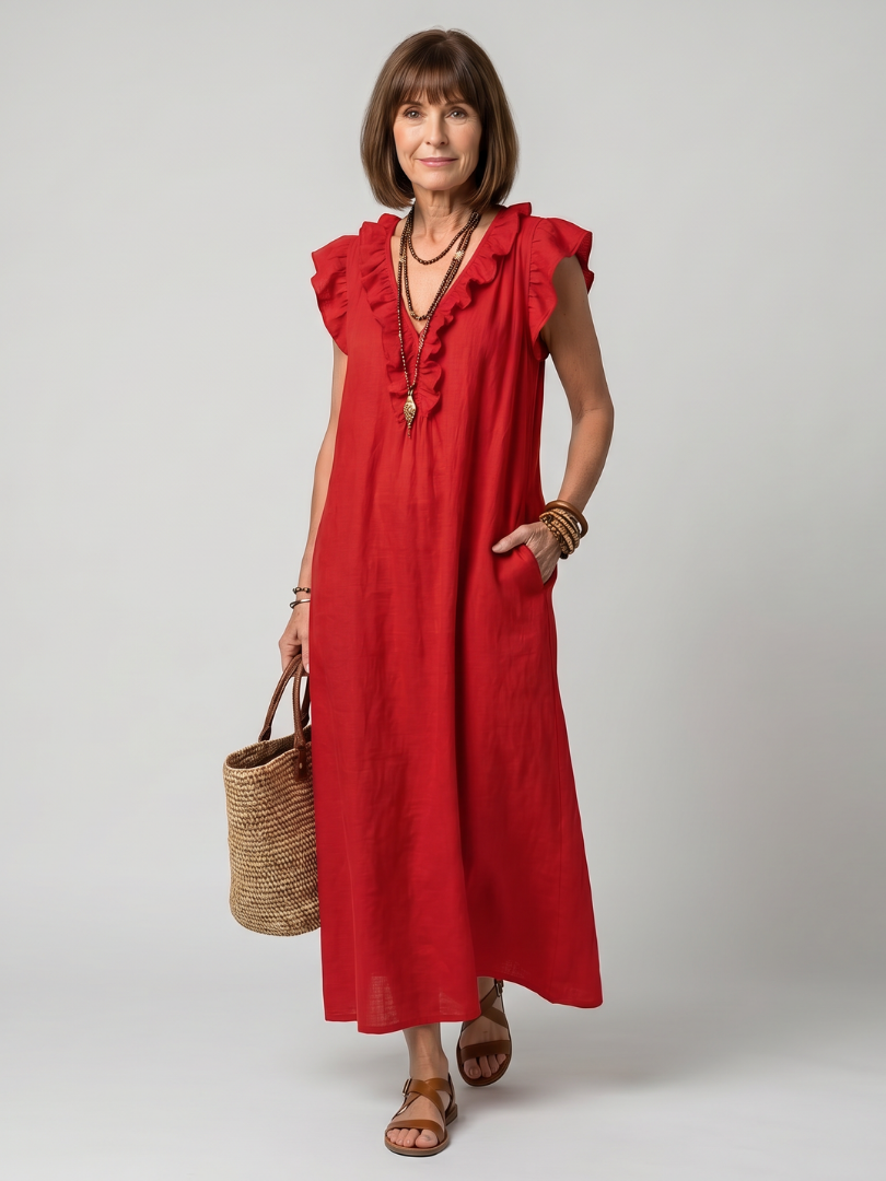 Fougère | Robe Midi Sans Manches avec Volants