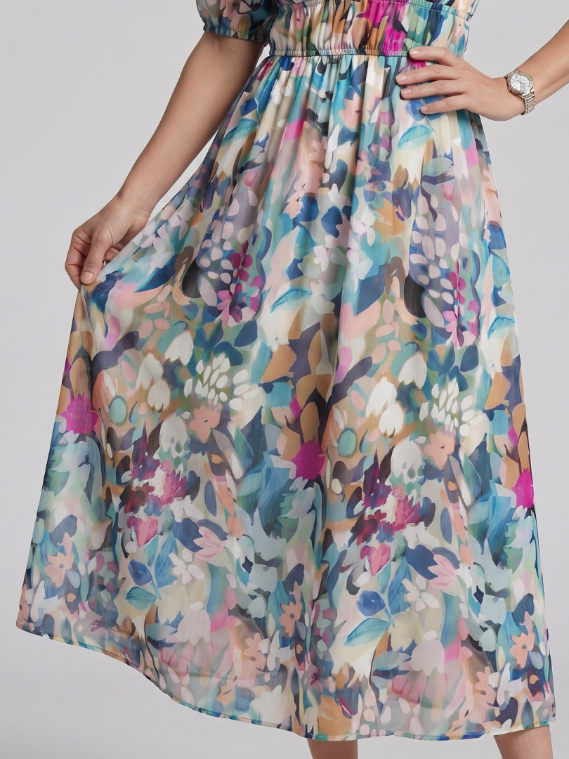 Candlia | Robe Midi Imprimé Abstrait à Manches Bouffantes et Décolleté en V