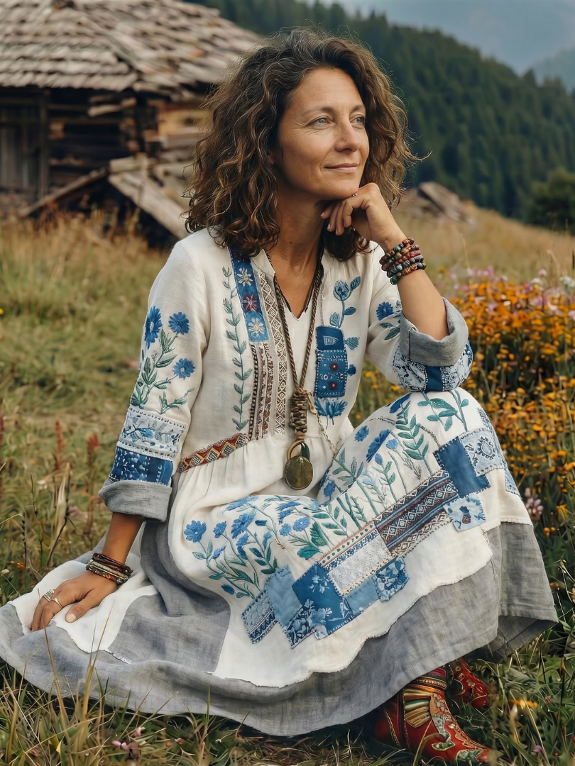 Alix | Robe midi à manches longues avec panneaux brodés