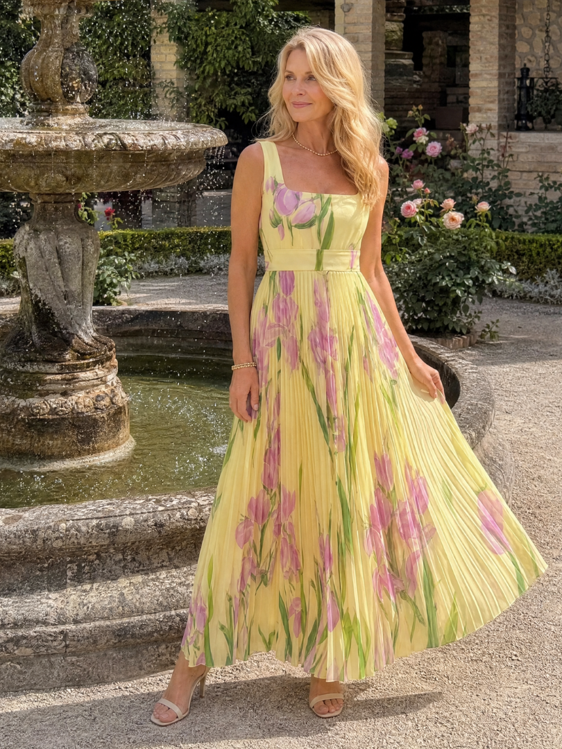 Vimele | Robe Midi Sans Manches à Encolure Carrée Plissée