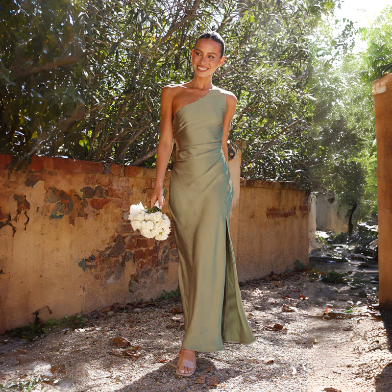 Robe Longue de Soirée pour Invité de Mariage en Satin avec Une Épaule et Fente