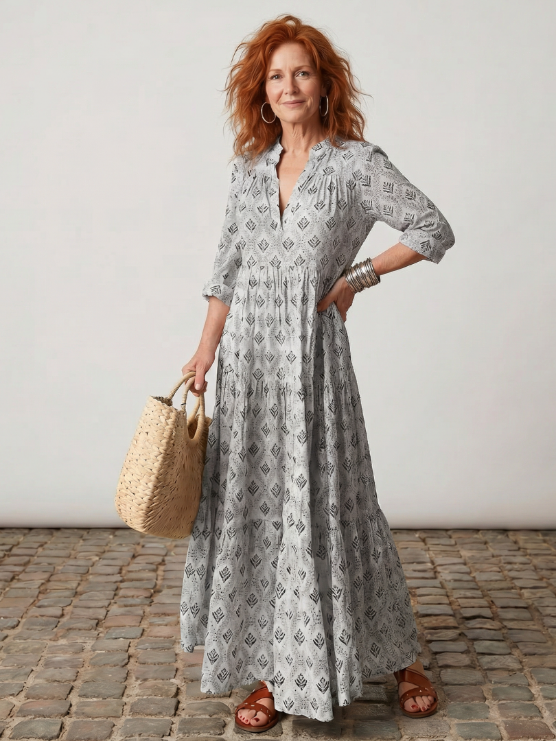 Junia | Robe Maxi Imprimée à Col Notch à Manches Longues