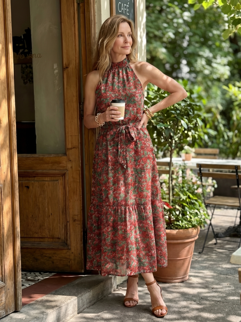 Anis | Robe Midi à Col Montant à Fleurs