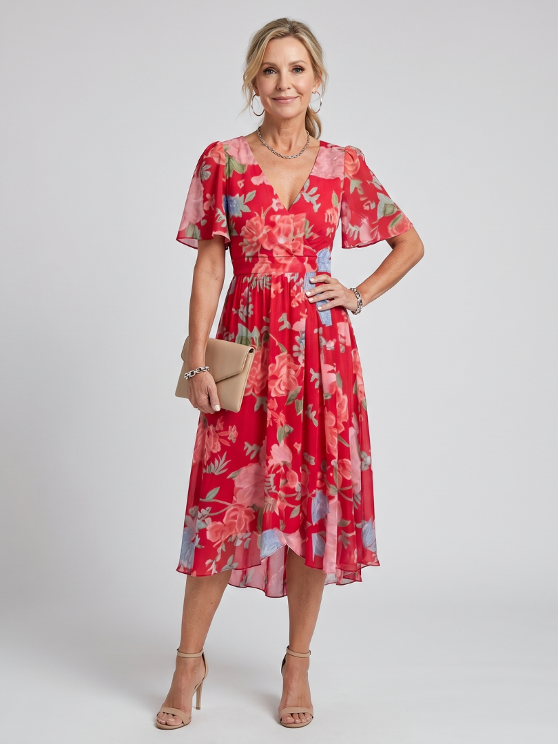 Mirabel | Robe midi à manches flottantes et taille froncée avec imprimé floral